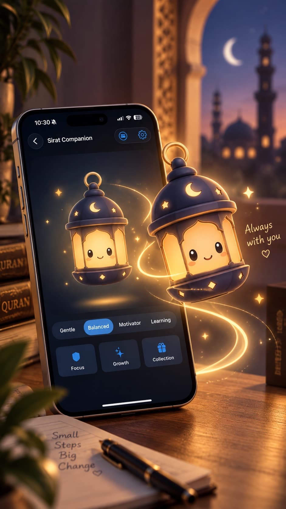 The Sirat Companion screen with the lantern and its Gentle, Balanced, Motivator and Learning personalities